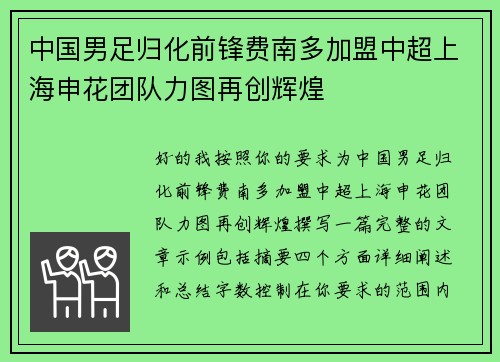 中国男足归化前锋费南多加盟中超上海申花团队力图再创辉煌 中国男足归化前锋费南多加盟中超上海申花团队力图再创辉煌